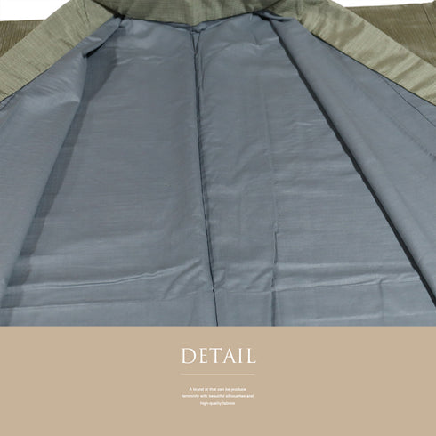 アンサンブル 男物 リサイクル 身丈150cm 裄76cm 羽織丈100cm 袷 紬 ゆったり グリーン Lサイズ お洒落 カジュアル しつけ糸 正絹 棒衿 Sランク